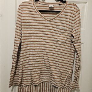 CAbi Red and Beige Striped V-Neck Top